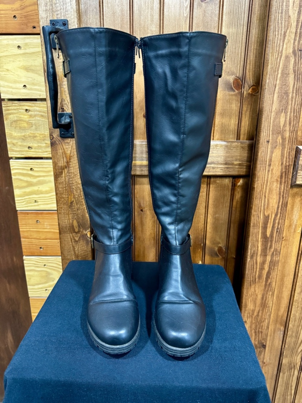 Women's Black Tall Riding Boots with Gold Buckle Detail and side zipper - Picture 2 of 6